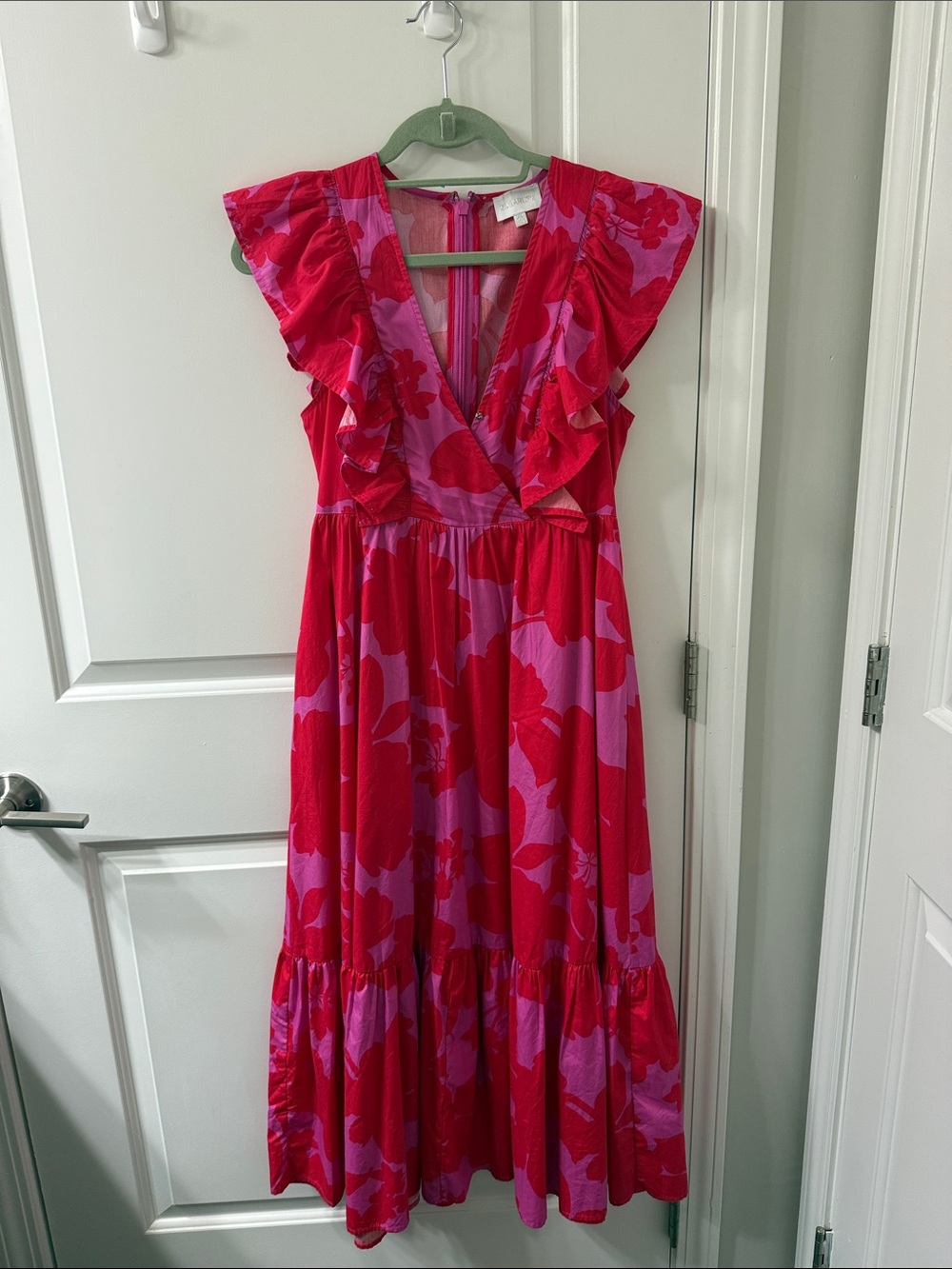 Sugarlips Red & Purple Floral Midi Dress with Ruffle V-Neck